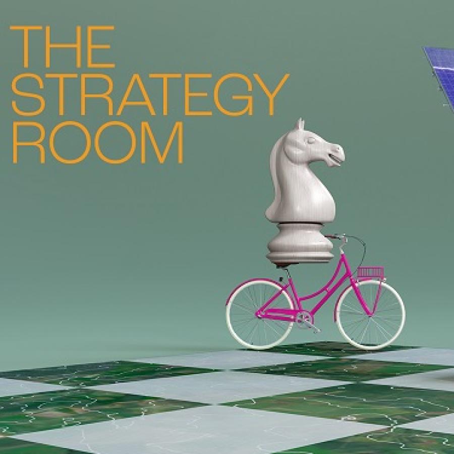 Strategy room graphic - chessboard with a white knight (horse) on a bicycle and a b lack rook (castle) with solar panels
