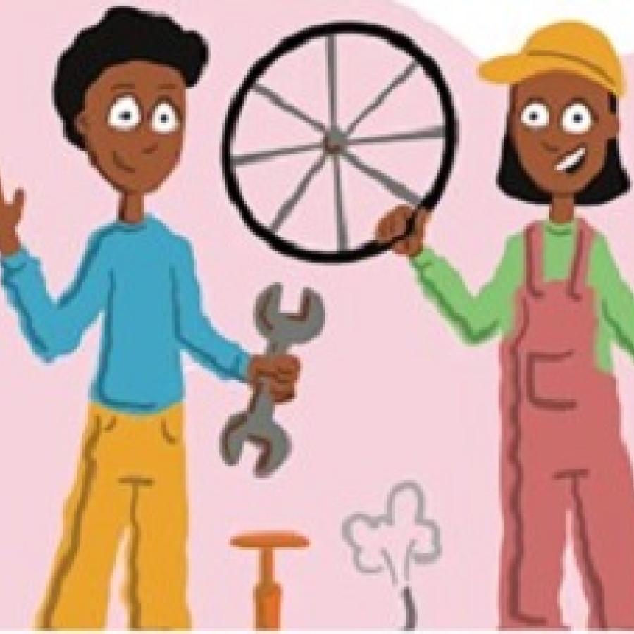 cartoon bot in blue top & yellow trousers holding spanner and girl in dungarees and baseball cap holding bike wheel