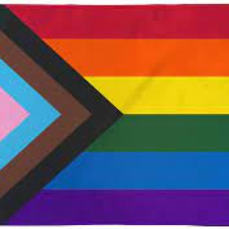 Rainbow flag with trans flag & black & brown stripes added 