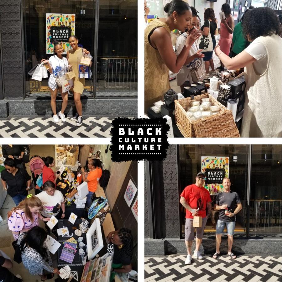 4 pics from Black Culture Market showing male and female shoppers, with bags and looking at stalls