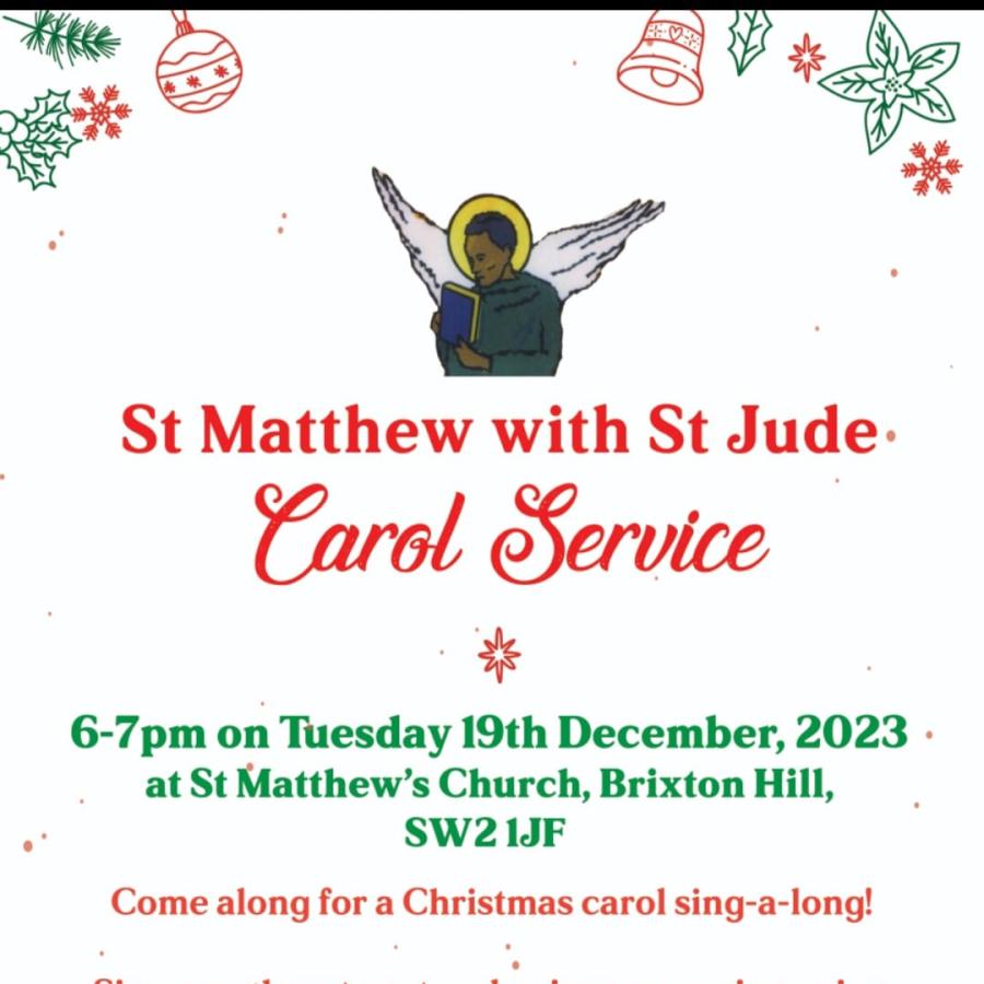 St Matthews Xmas Carols flyer with illustration of angel