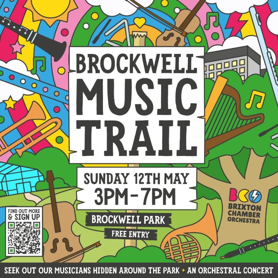 poster for Brixton Chamber Orchestra Brockwell Music Trail Event May 12