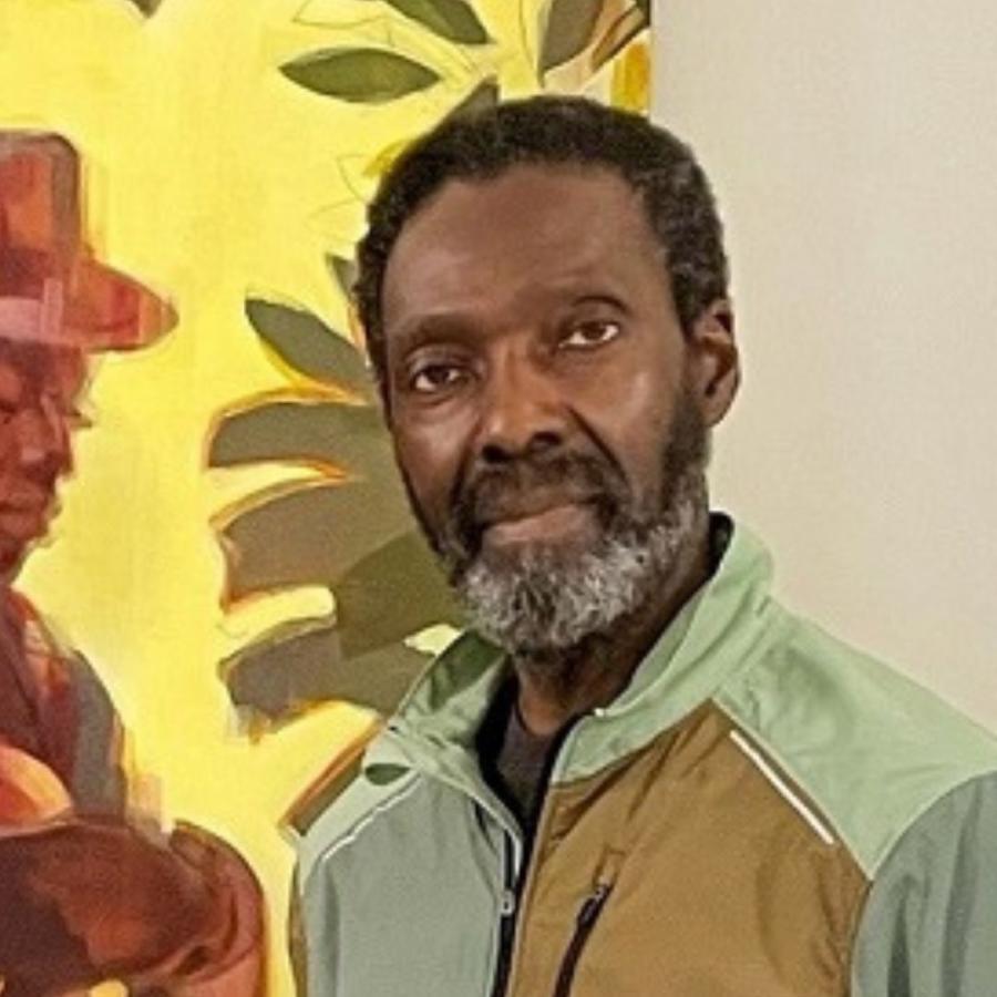 Painter Alvin Kofi with work from 'Memories of our future;