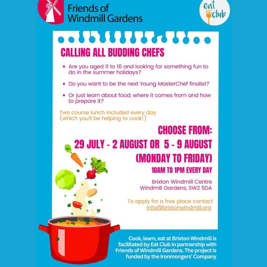 flyer for cookery courses July -aug Brixton Windmill 