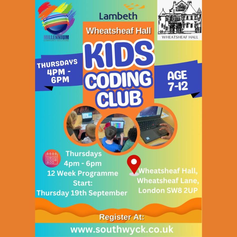 poster for kids coding club Wheatsheaf Hall sept 2024
