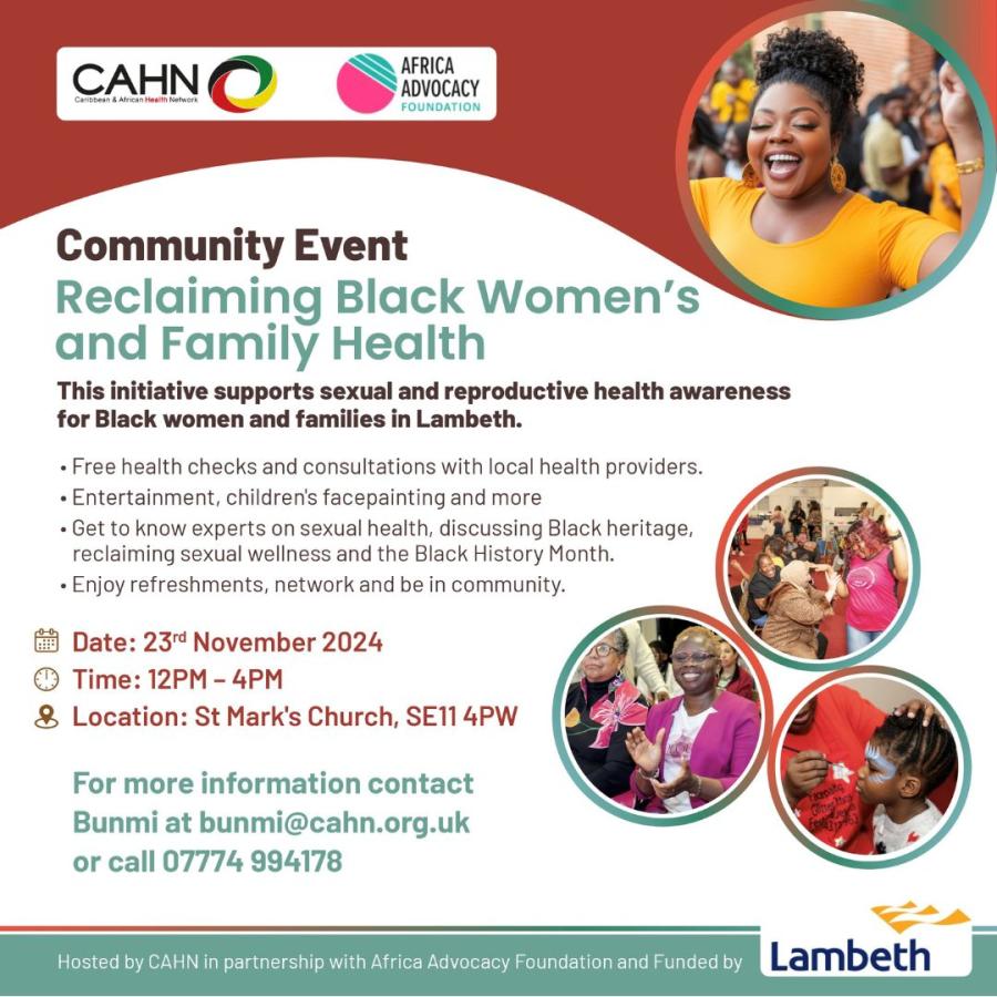 SHERO poster Black Women's health event with photo of smiling woman in yellow in top right corner and text about the event dates, content etc