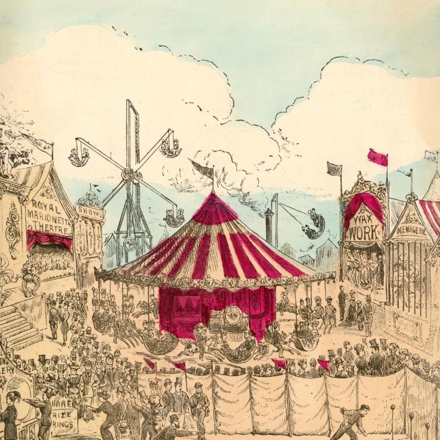 Victorian illustration of circus tent (in red) and funfair