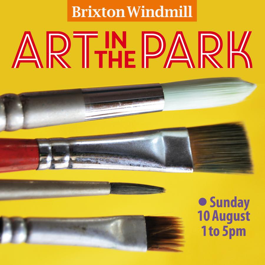 poster for Windmill gardens art in the park event with crayons, paintbrushes etc