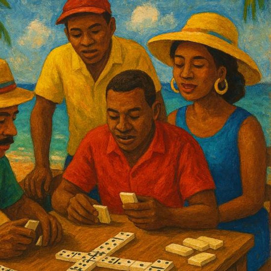 A group of men and one woman playing dominoes