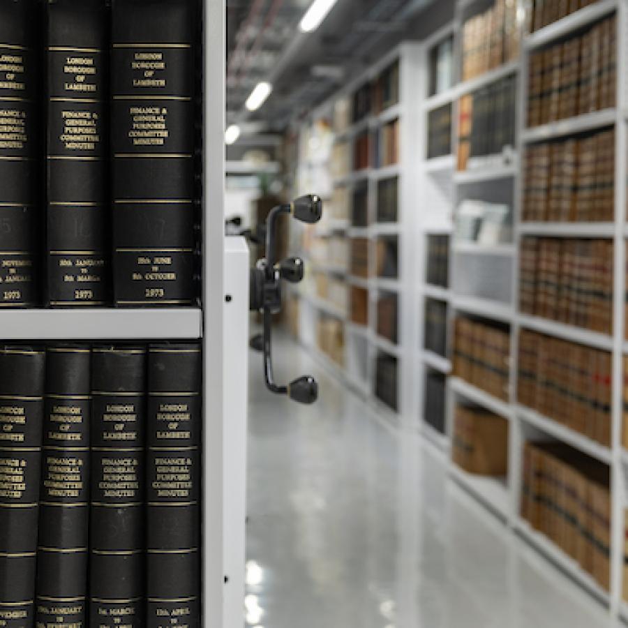 A hallway with books at the Lambeth Archive