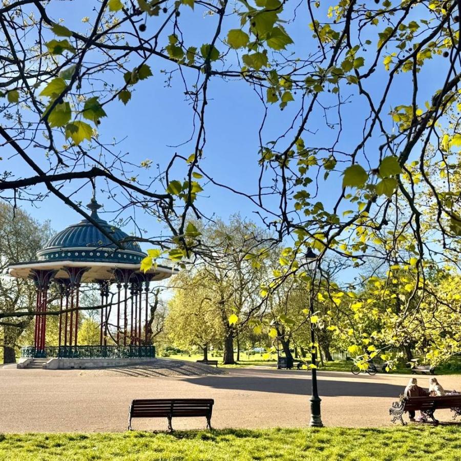 Clapham common gazebo with a bench