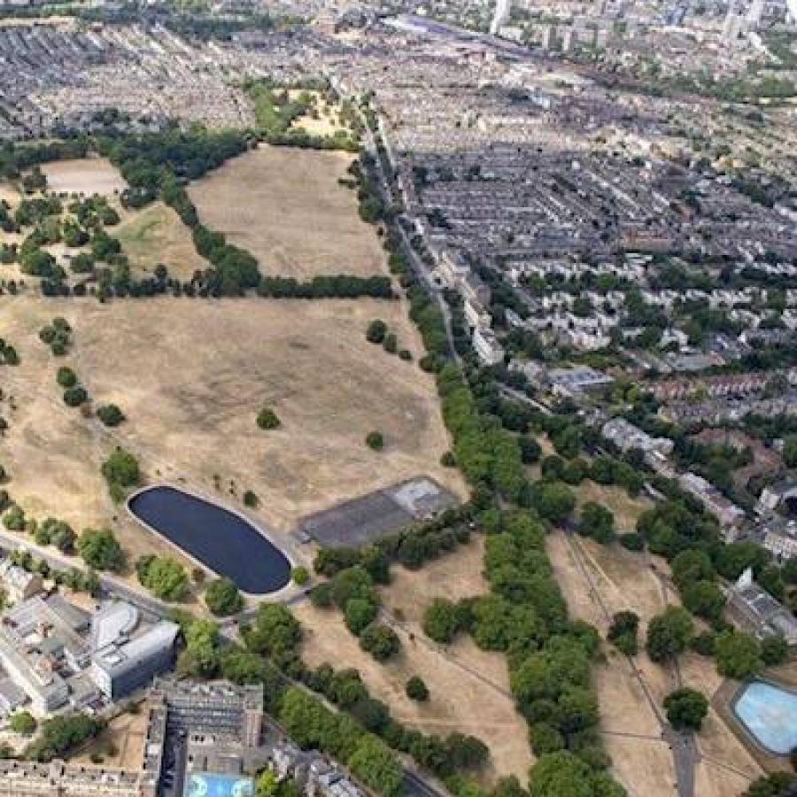 Expansive urban common surrounded by neighbourhoods, trees, open fields, and parkland.