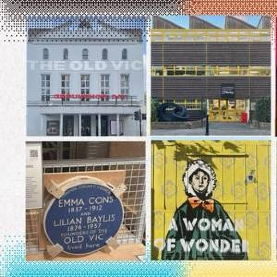 Historic theater collage featuring The Old Vic, commemorative plaque, modern facade, mural.