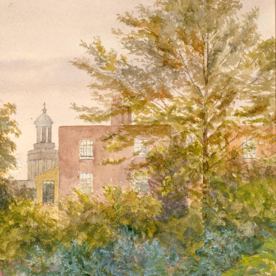 Lush trees frame historic buildings in a tranquil, sunlit watercolour landscape scene.
