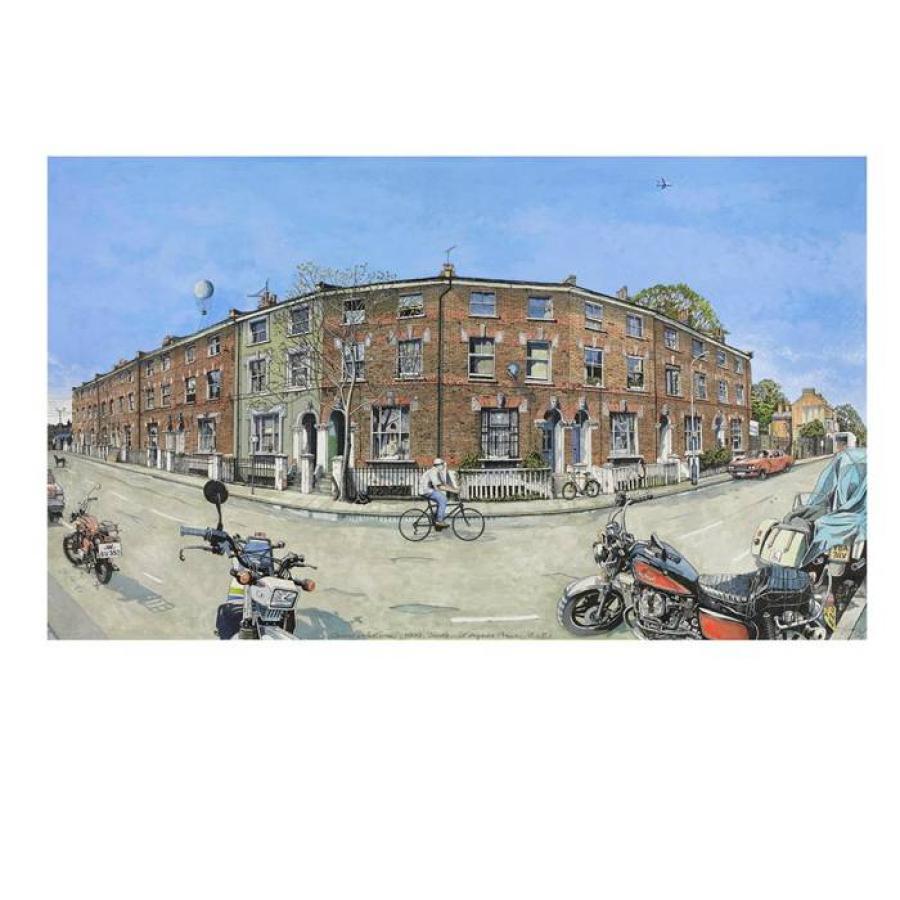 Illustrated street corner with brick townhouses, cyclists, motorcycles beneath blue sky.