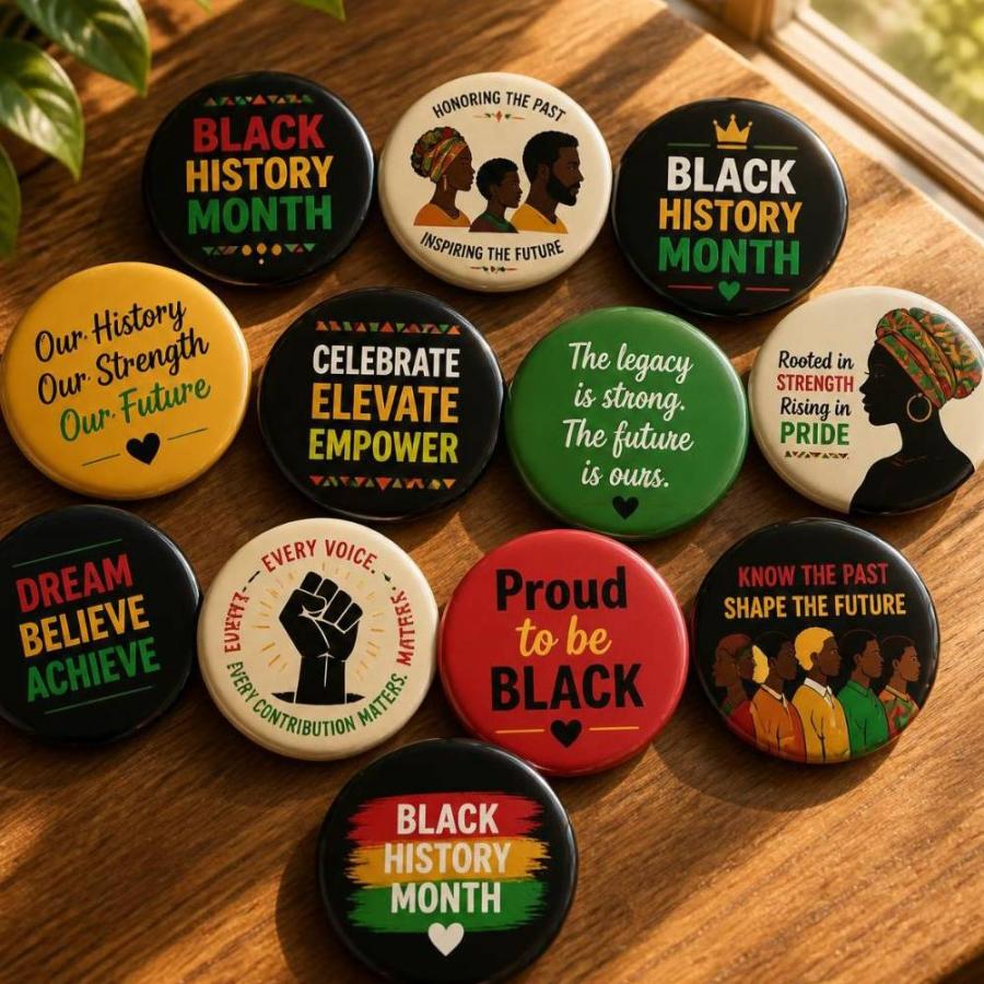 Colourful badges celebrate Black History Month, heritage, pride, and empowerment.