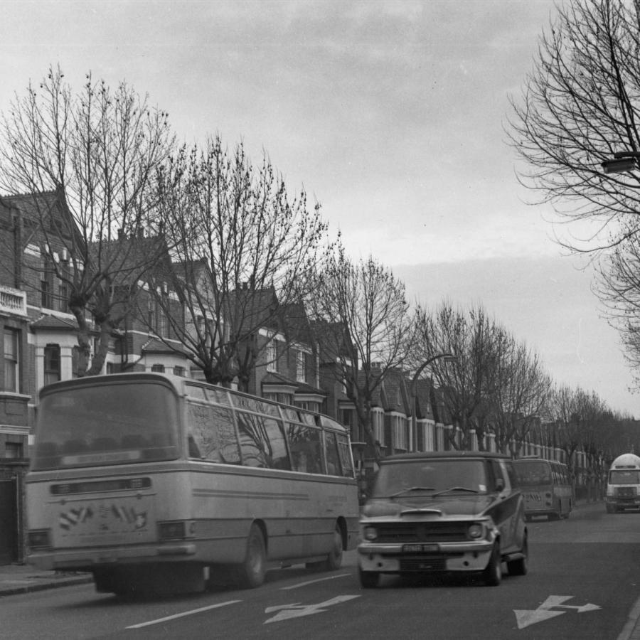 Leafless trees line street as bus and car pass houses