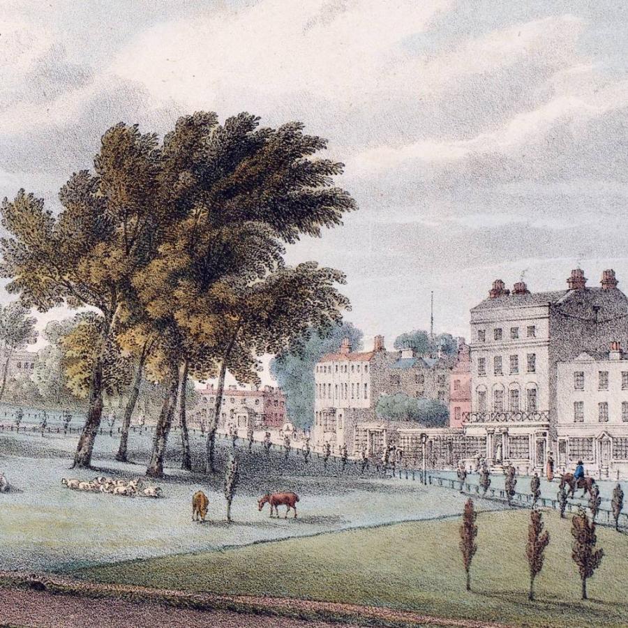 Historic park landscape with grazing animals, trees, elegant buildings, and pedestrians.