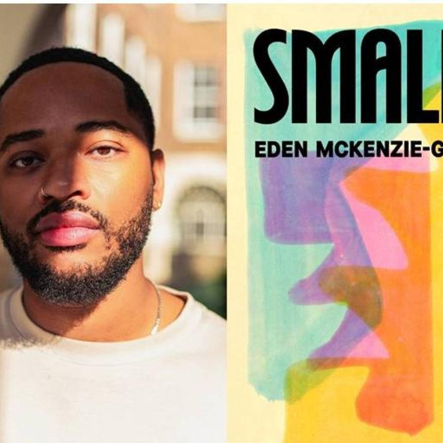Author portrait beside colorful book cover titled Smallie artwork