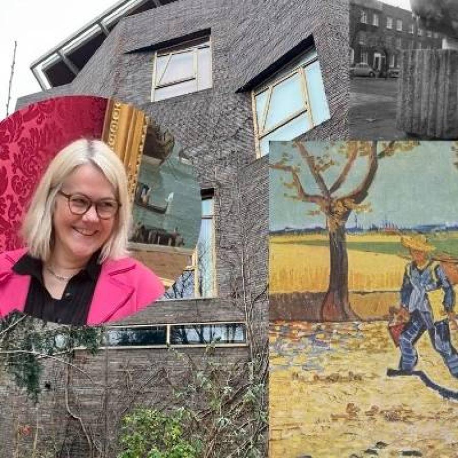 Modern building, smiling woman, paintings, monochrome photo, vines, textured architectural collage composition.