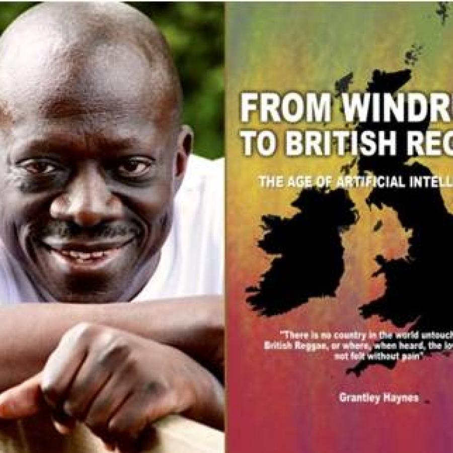 Portrait beside book cover highlighting Windrush, British reggae