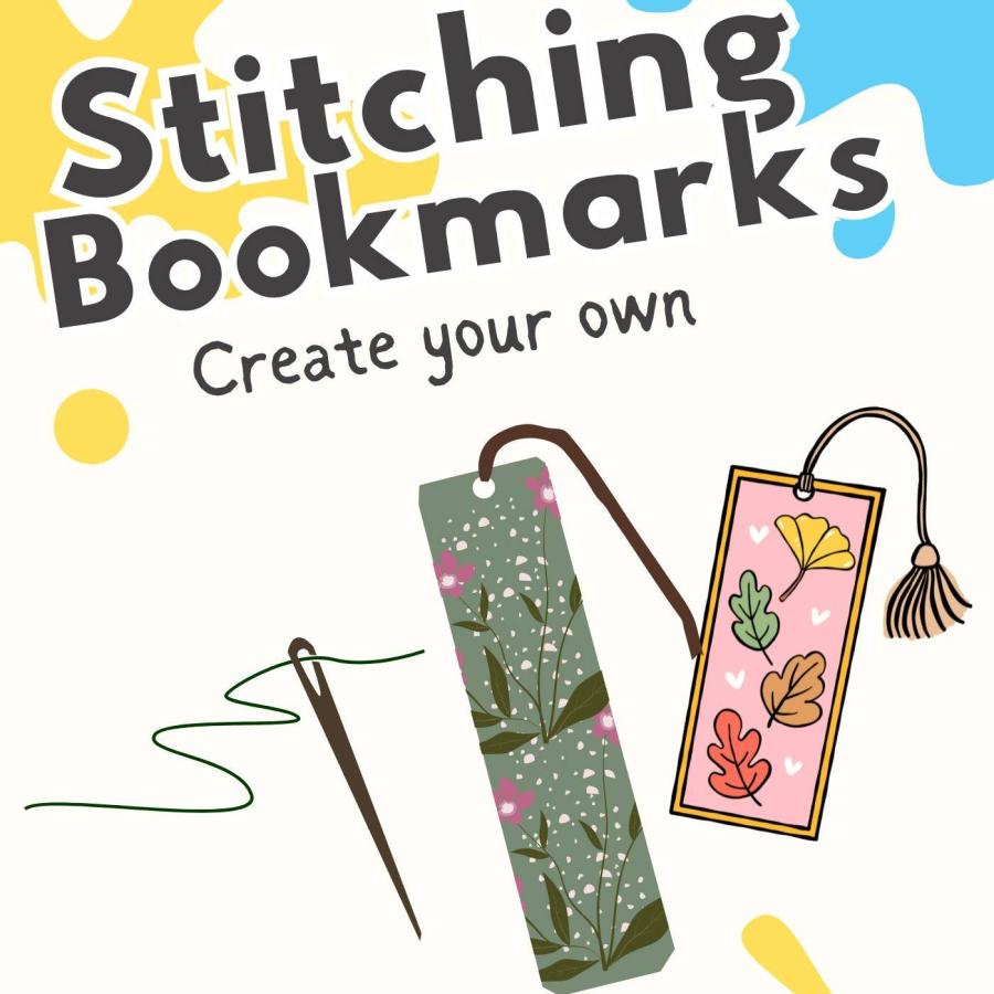 Colorful stitching bookmark craft poster featuring needles, thread, fabric, and designs.