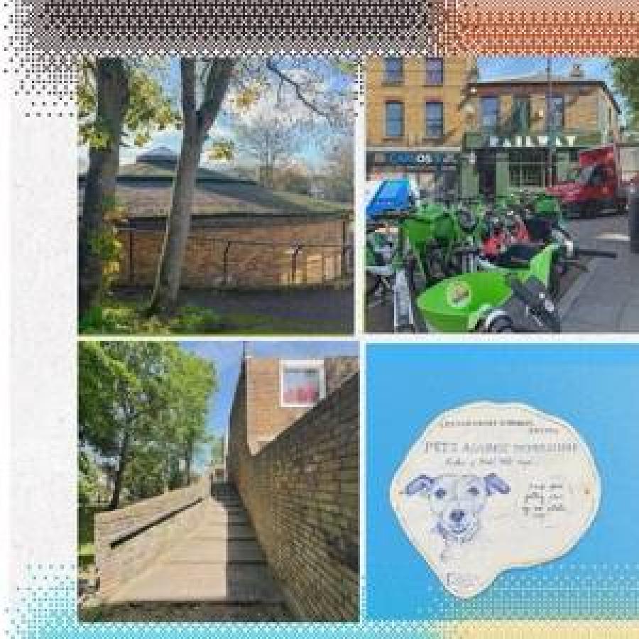 Collage featuring trees, streets, motorcycles, brick walls, buildings, and artwork.