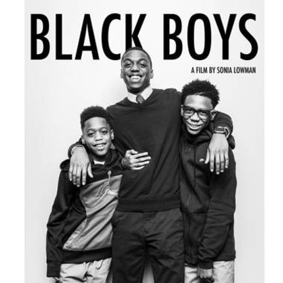 Black-and-white film poster featuring three smiling boys standing together.