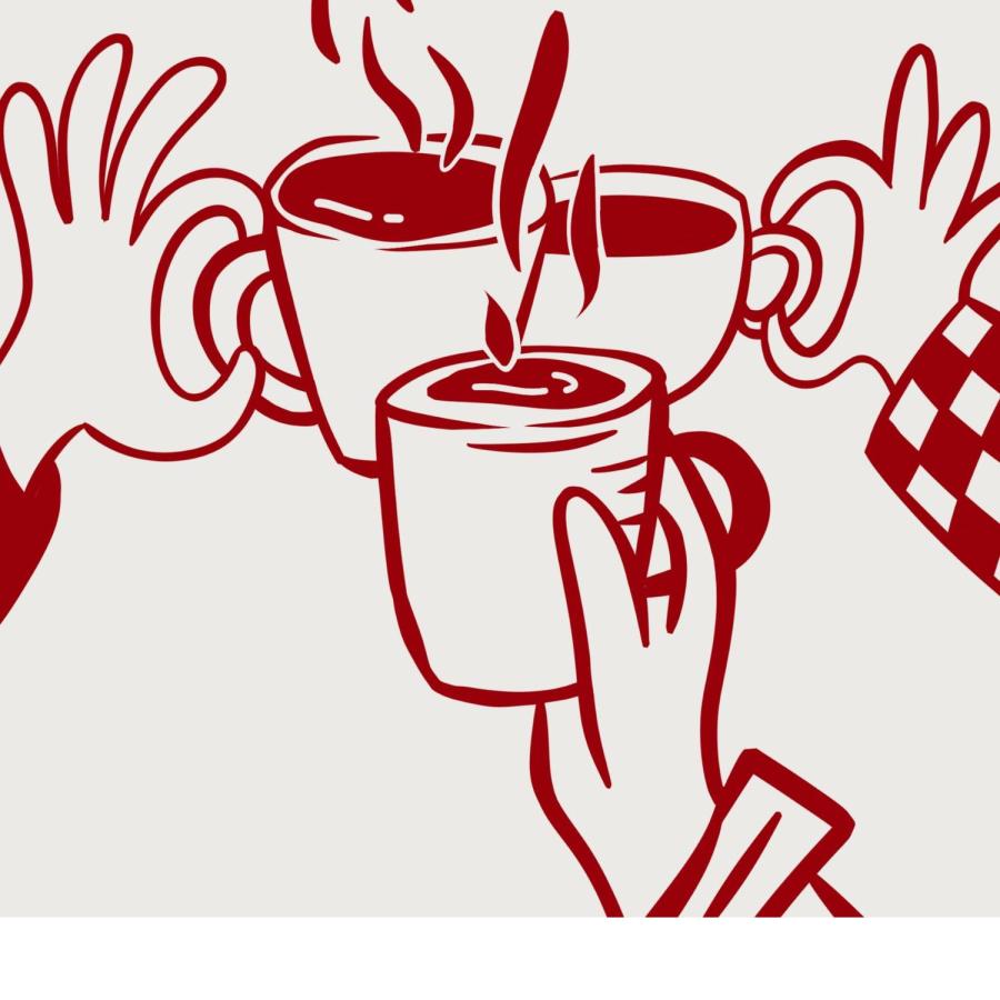 Three hands holding steaming cups together, symbolising friendship and community.