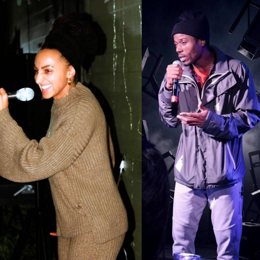 Collage featuring people performing together on the open mic stage.