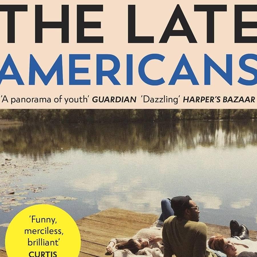 Book cover featuring a group relaxing by a lakeside, with bold typography.