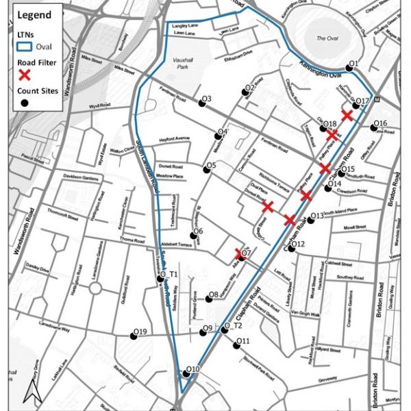 a map of the Oval to Stockwell Triangle LTN showing the traffic count and filter locations within and on the periphery of the LTN
