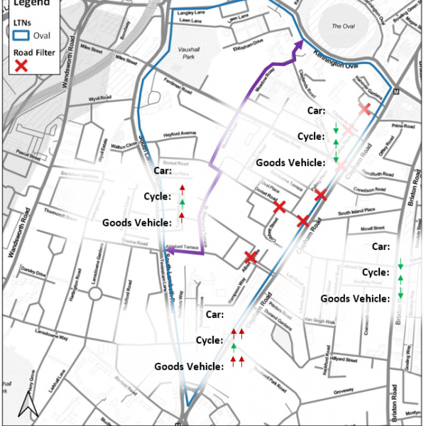 a map of the Oval to Stockwell Triangle LTN showing the way that traffic has changed on various roads through the area