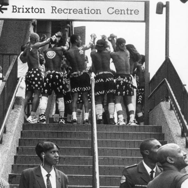 Archive images of people stood on the steps at Brixton Rec Centre